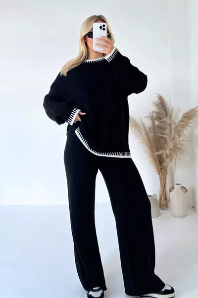 Contrast Trim Round Neck Top and Pants Sweater Set - Image 15