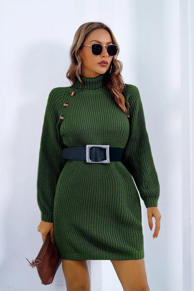 Buttoned Turtleneck Long Sleeve Sweater Dress - Image 3
