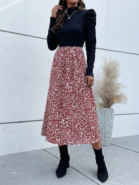 Perfee Printed Mock Neck Puff Sleeve Midi Dress - Image 3