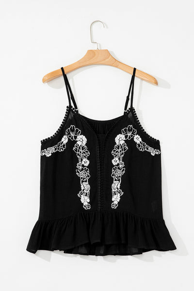 Black Floral Embroidery Ruffled Spaghetti Straps Tank Top - Image 5