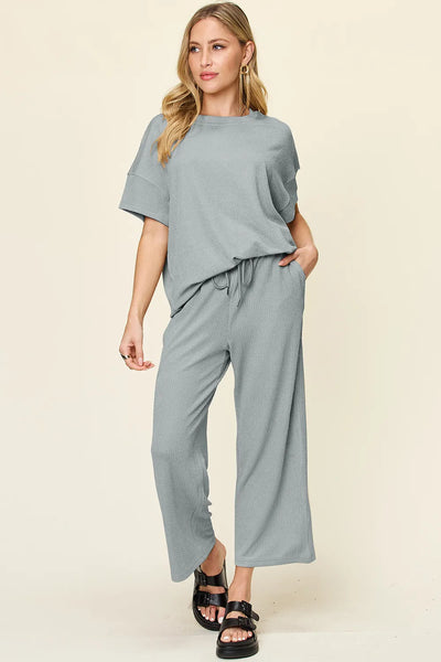 Double Take Full Size Texture Round Neck Short Sleeve T-Shirt and Wide Leg Pants - Image 23