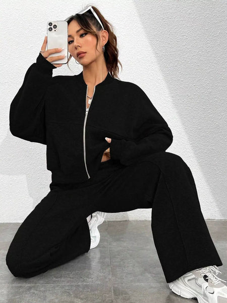 Casual Solid Color Zipper Jacket and Wide Leg Pants Set - Image 18