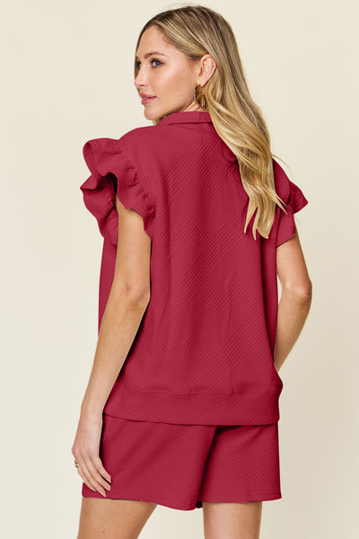 Double Take Full Size Texture Flounce Sleeve Top and Drawstring Shorts Set - Image 18