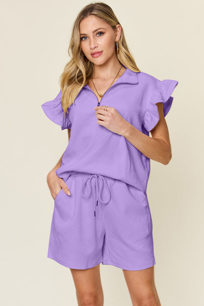 Double Take Full Size Texture Flounce Sleeve Top and Drawstring Shorts Set - Image 15