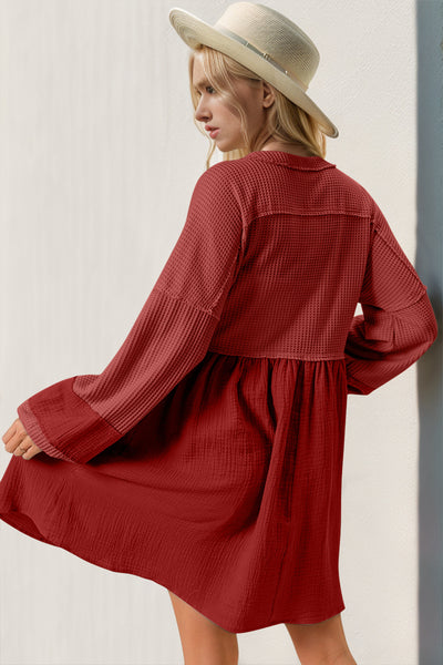 Double Take Waffle-Knit Contrast Half Button V-Neck Long Sleeve Mini Dress - Image 2