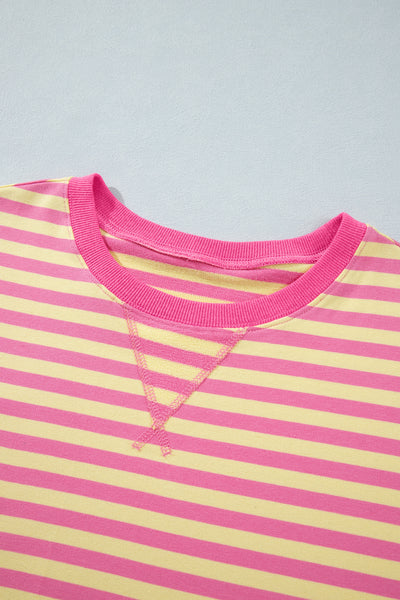 Pink Stripe Colorblock Trim Crew Neck Loose Tee Drawstring Elastic Waist 2pcs Pant Set - Image 13