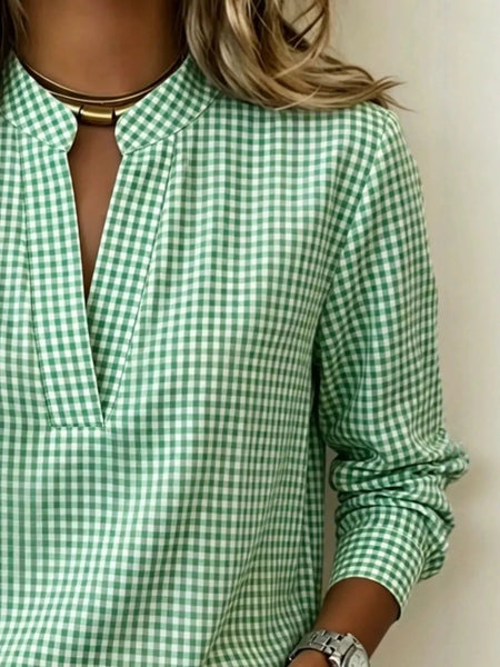 Full Size Plaid Notched Long Sleeve Blouse Plus Size - Image 5