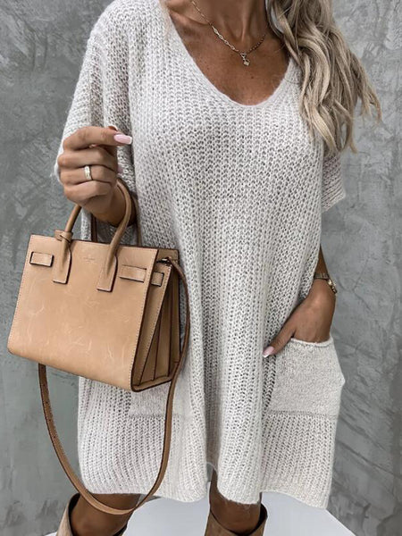 Short Sleeve Sweater Dress with Pockets - Image 8