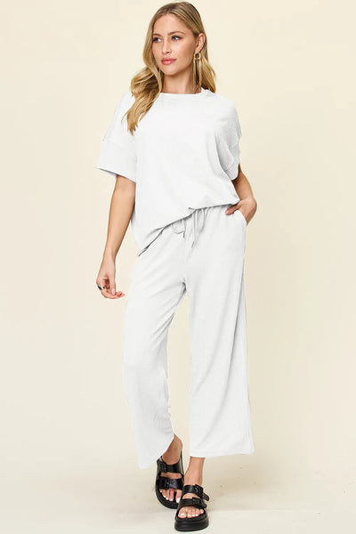 Double Take Full Size Texture Round Neck Short Sleeve T-Shirt and Wide Leg Pants - Image 27