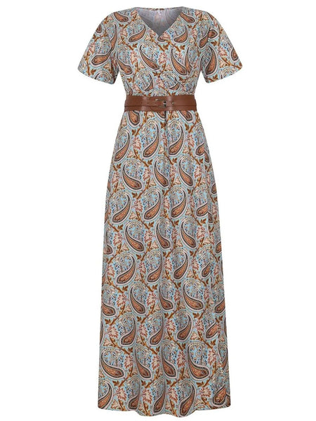 Full Size Printed V-Neck Short Sleeve Maxi Dress Plus Size - Image 4