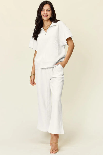 Double Take Full Size Texture Half Zip Short Sleeve Top and Pants Set - Image 4