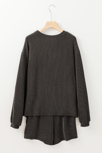 Carbon Grey Bowknot Patched Pattern Corded Long Sleeve Top and Shorts Outfit - Image 4