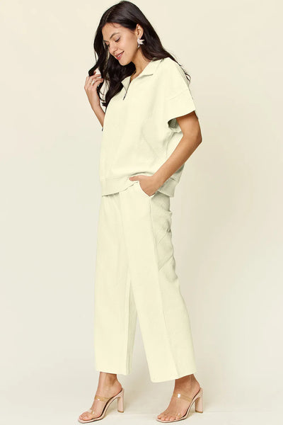 Double Take Full Size Texture Half Zip Short Sleeve Top and Pants Set - Image 17