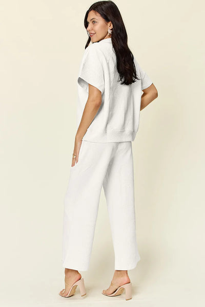 Double Take Full Size Texture Half Zip Short Sleeve Top and Pants Set - Image 6