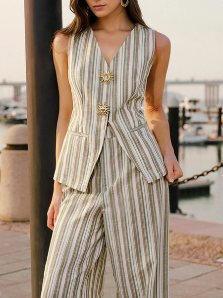 Striped Sleeveless V-Neck Top and Pants Two-Piece Set - Image 3