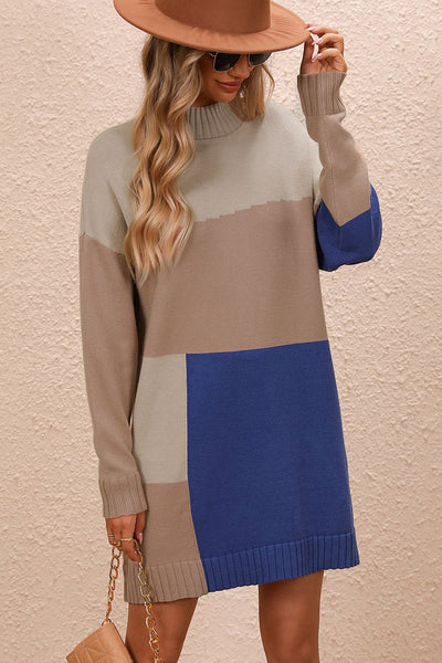Color Block Mock Neck Dropped Shoulder Sweater Dress - Image 9