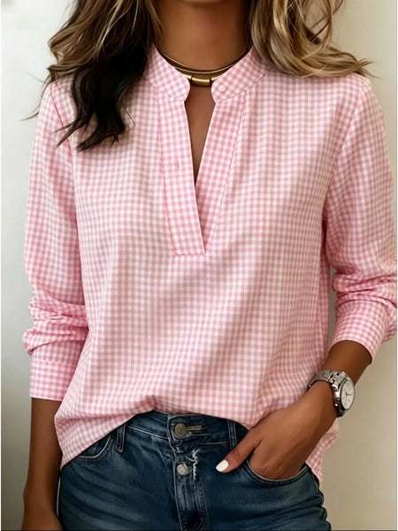 Full Size Plaid Notched Long Sleeve Blouse Plus Size - Image 6