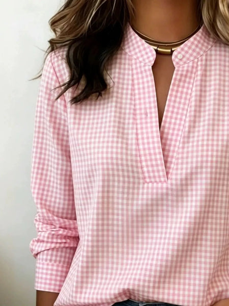 Full Size Plaid Notched Long Sleeve Blouse Plus Size - Image 7