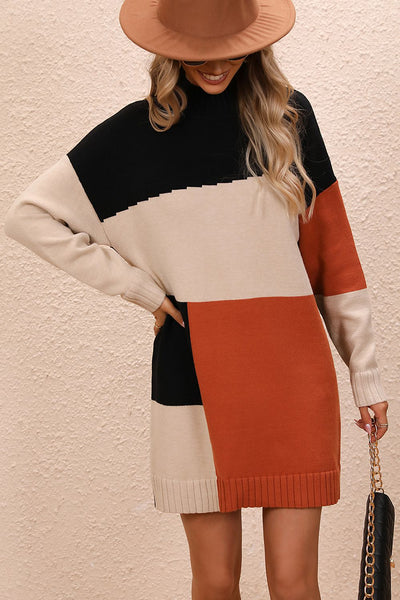 Color Block Mock Neck Dropped Shoulder Sweater Dress - Image 3