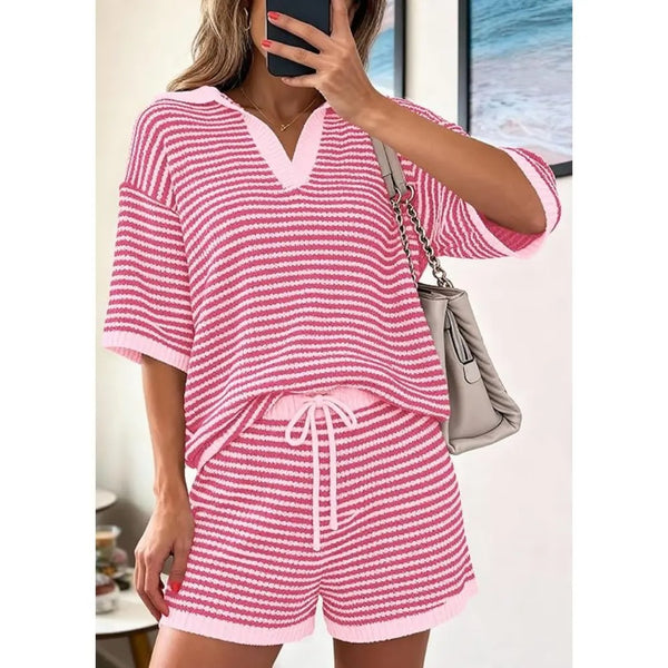 Women’s Striped 2 Piece Lounge Set Short Sleeve V Neck Top Drawstring Shorts Beach Summer Outfits - Image 4