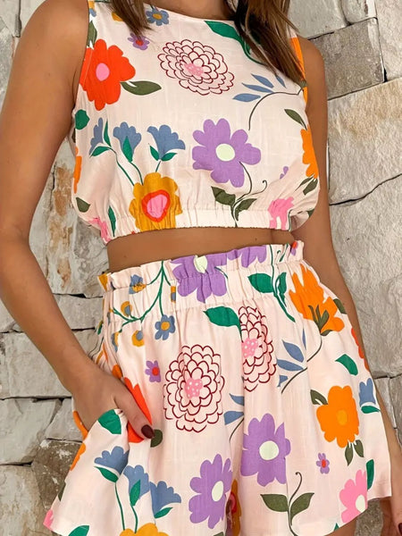 Floral Round Neck Tank and Shorts Set - Image 2