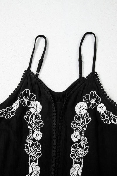 Black Floral Embroidery Ruffled Spaghetti Straps Tank Top - Image 13