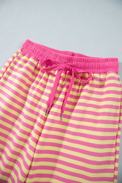 Pink Stripe Colorblock Trim Crew Neck Loose Tee Drawstring Elastic Waist 2pcs Pant Set - Image 8