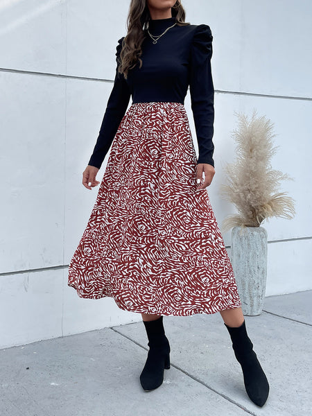 Perfee Printed Mock Neck Puff Sleeve Midi Dress - Image 4