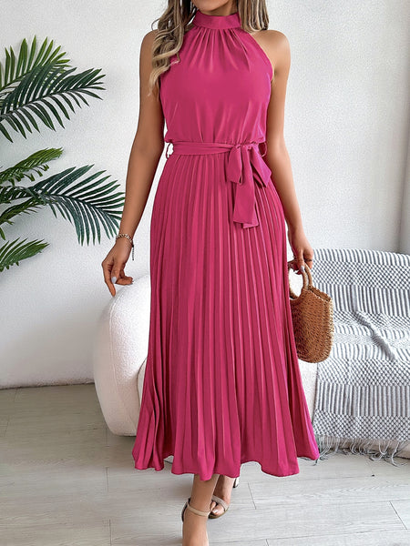 Pleated Tie Waist Sleeveless Midi Dress - Image 2