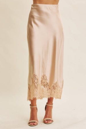 Champagne Lace and Satin Midi Skirt