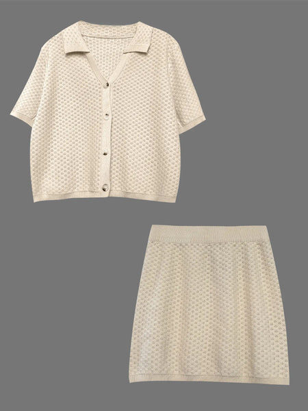 Openwork Button Up Top and Skirt Sweater Set - Image 5