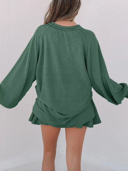 Corded Lantern Sleeve Top and High Waist Mini Skirt Set - Image 5