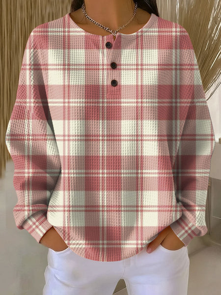 Effortless Top for Women Round-Neck Plaid-Print Long-Sleeve — Pink