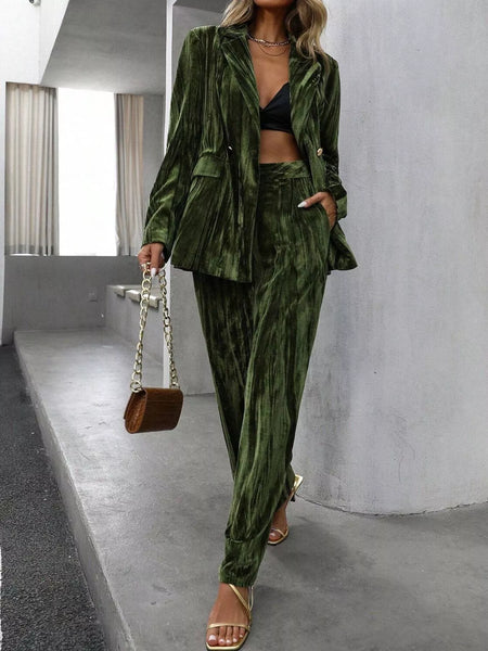 Lapel Collar Long Sleeve Blazer and Pants Set - Image 2