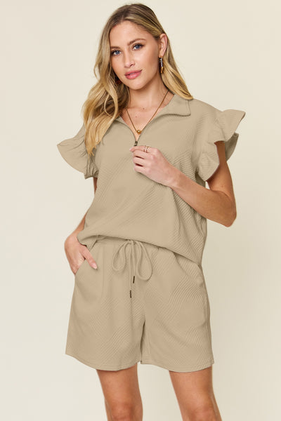 Double Take Full Size Texture Flounce Sleeve Top and Drawstring Shorts Set - Image 32