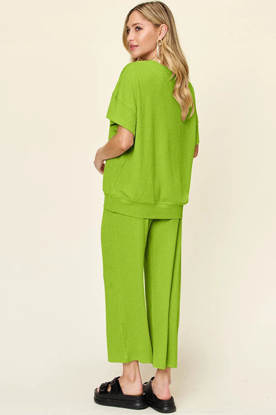 Double Take Full Size Texture Round Neck Short Sleeve T-Shirt and Wide Leg Pants - Image 3
