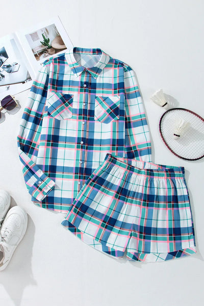 Plaid Snap Down Long Sleeve Top and Shorts Lounge Set - Image 3