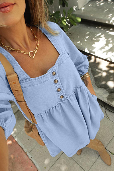 Beau Blue Denim Button Detail Babydoll Square Neck Mini Dress - Image 4