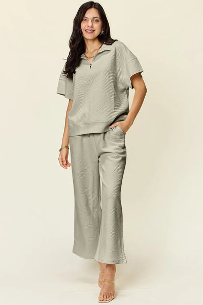 Double Take Full Size Texture Half Zip Short Sleeve Top and Pants Set - Image 13