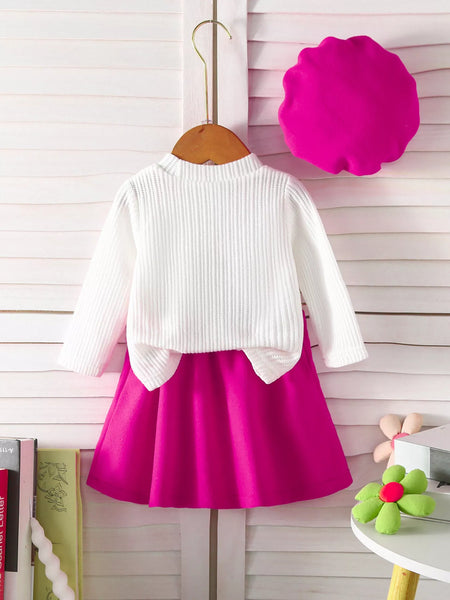 Children's Floral Applique Ribbed Knit Top & Pleated Skirt Set with Hat - Image 6