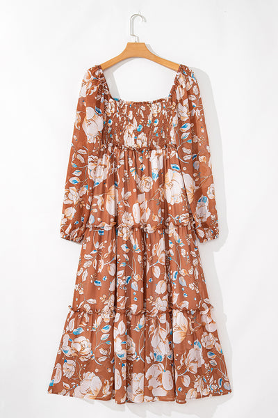 Brown Floral Print Shirred Square Neck High Waist Maxi Dress - Image 5