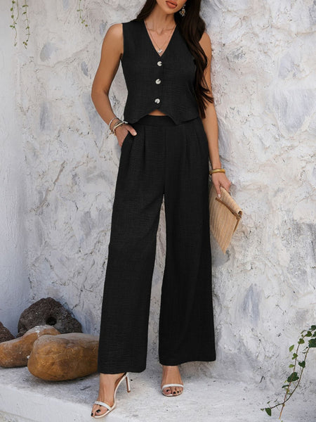 Devine Button Down Vest and Wide Leg Pants Set - Image 12