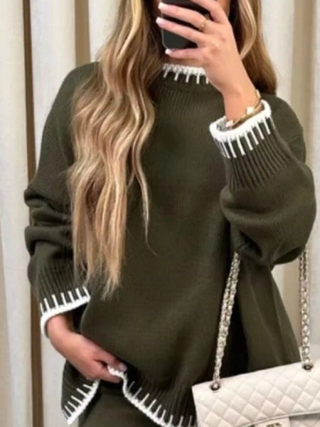 Contrast Trim Round Neck Top and Pants Sweater Set - Image 19