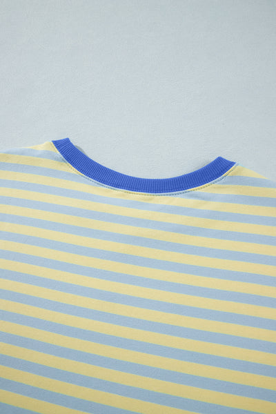 Pink Stripe Colorblock Trim Crew Neck Loose Tee Drawstring Elastic Waist 2pcs Pant Set - Image 25