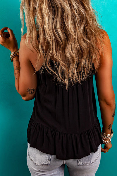 Black Floral Embroidery Ruffled Spaghetti Straps Tank Top - Image 2