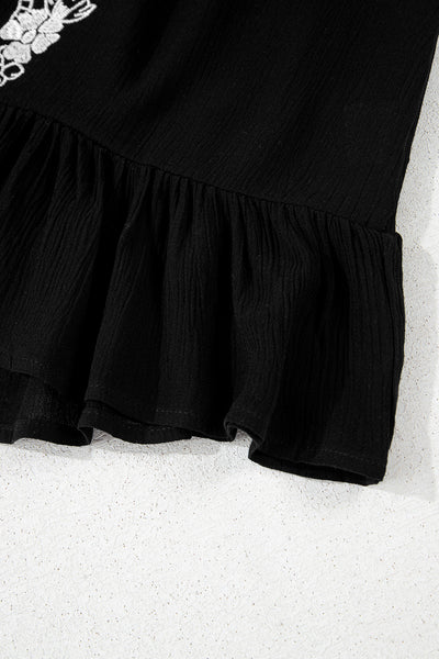 Black Floral Embroidery Ruffled Spaghetti Straps Tank Top - Image 10