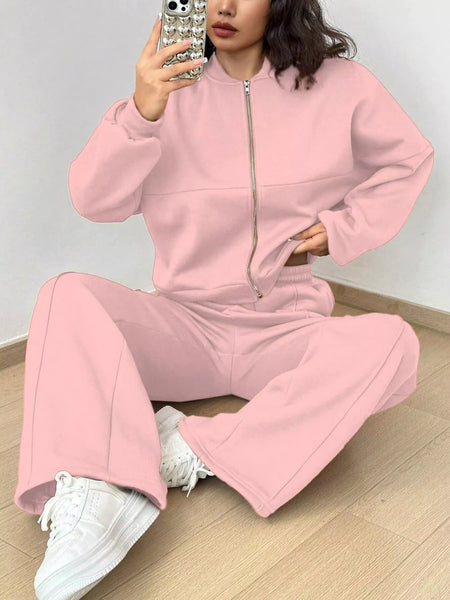 Casual Solid Color Zipper Jacket and Wide Leg Pants Set - Image 5