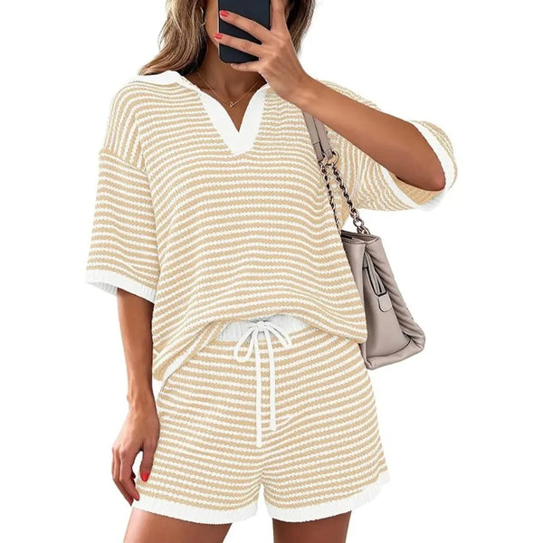 Women’s Striped 2 Piece Lounge Set Short Sleeve V Neck Top Drawstring Shorts Beach Summer Outfits - Image 11