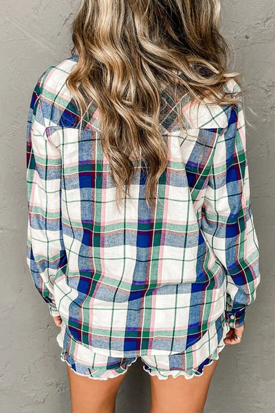 Plaid Snap Down Long Sleeve Top and Shorts Lounge Set - Image 2