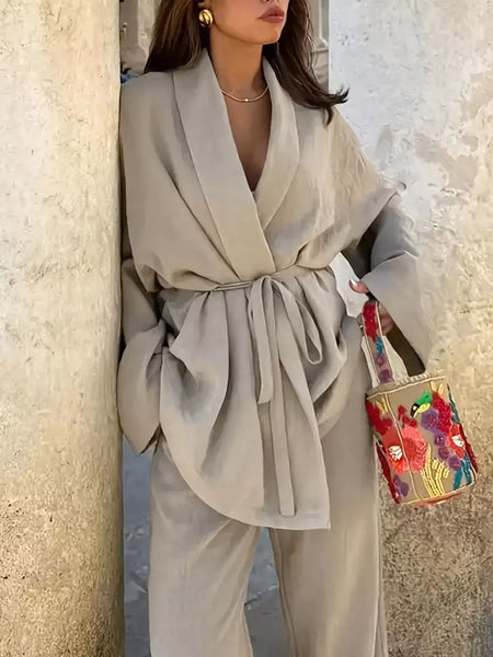 Plus Size Belt Long Sleeve Blazer and Pants Set - Image 3
